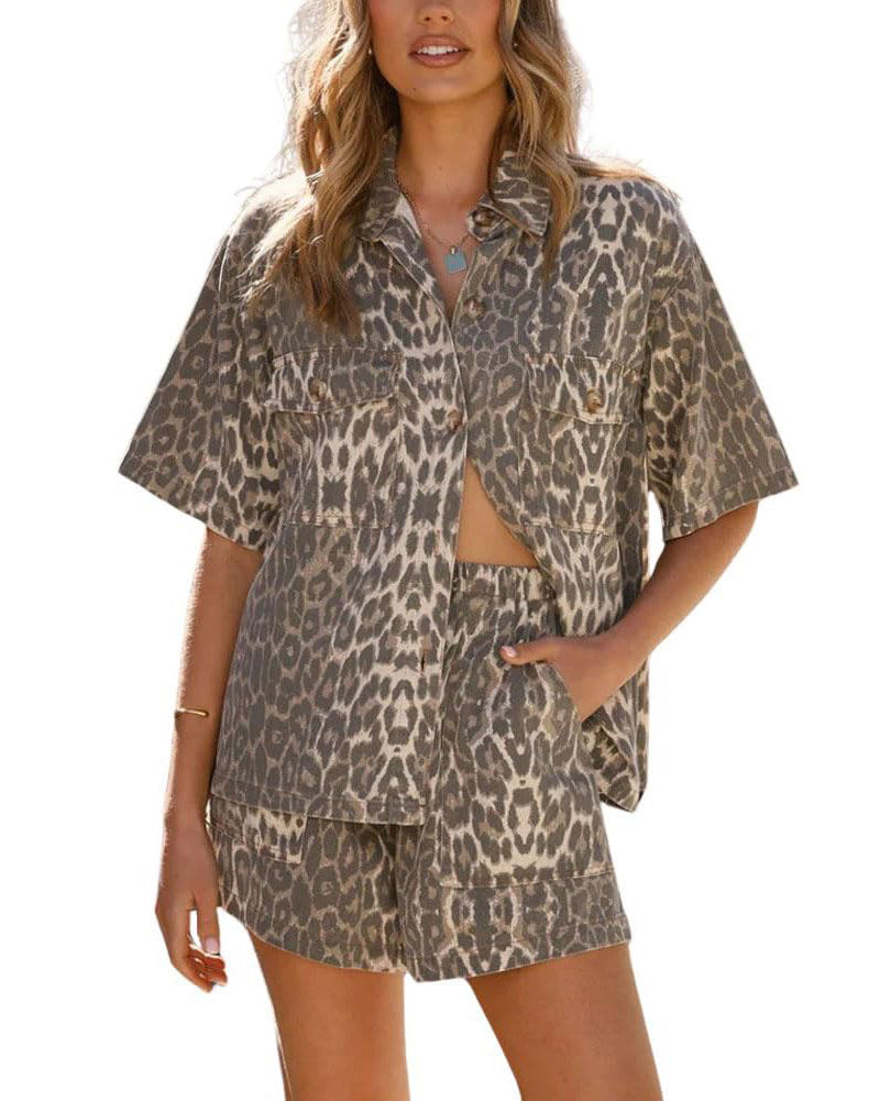 Chouyatou Women's Summer Denim 2 Piece Outfits Short Sleeve Button Down Shirt Elastic Waist Wide Leg Shorts Matching Set