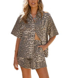 chouyatou Women's Summer Denim 2 Piece Outfits Short Sleeve Button Down Shirt Elastic Waist Wide Leg Shorts Matching Set