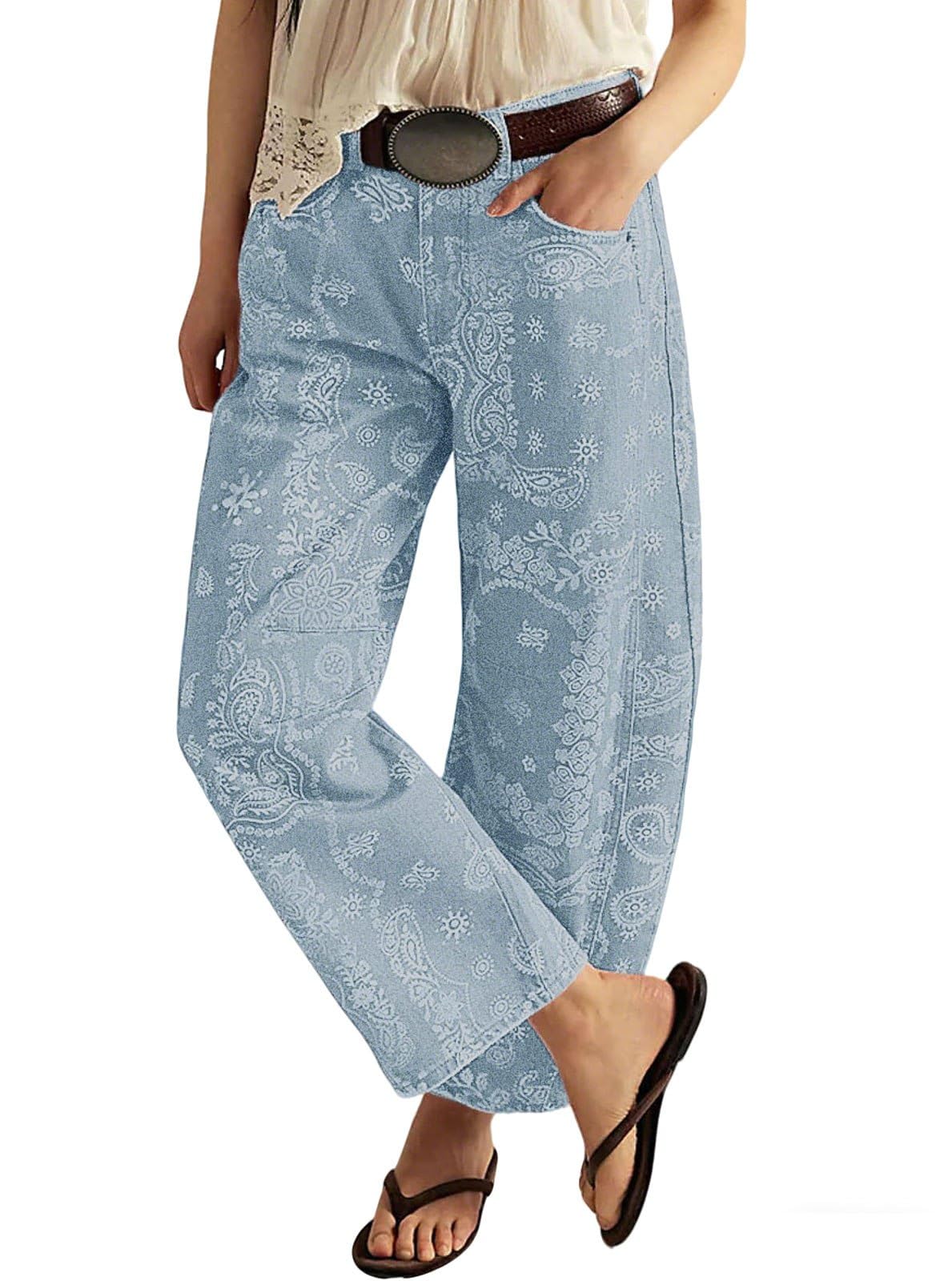 Chouyatou Women Boyfriend Baggy Barrel Jeans Floral Print Denim Ankle Pants Wide Leg Mid Rise Jeans Sweatpants Y2k Patchwork