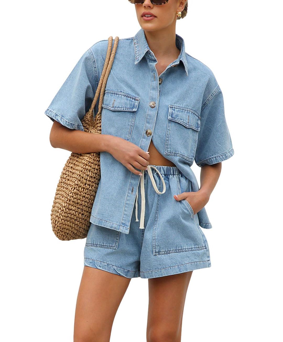 Chouyatou Women's Summer Denim 2 Piece Outfits Short Sleeve Button Down Shirt Elastic Waist Wide Leg Shorts Matching Set