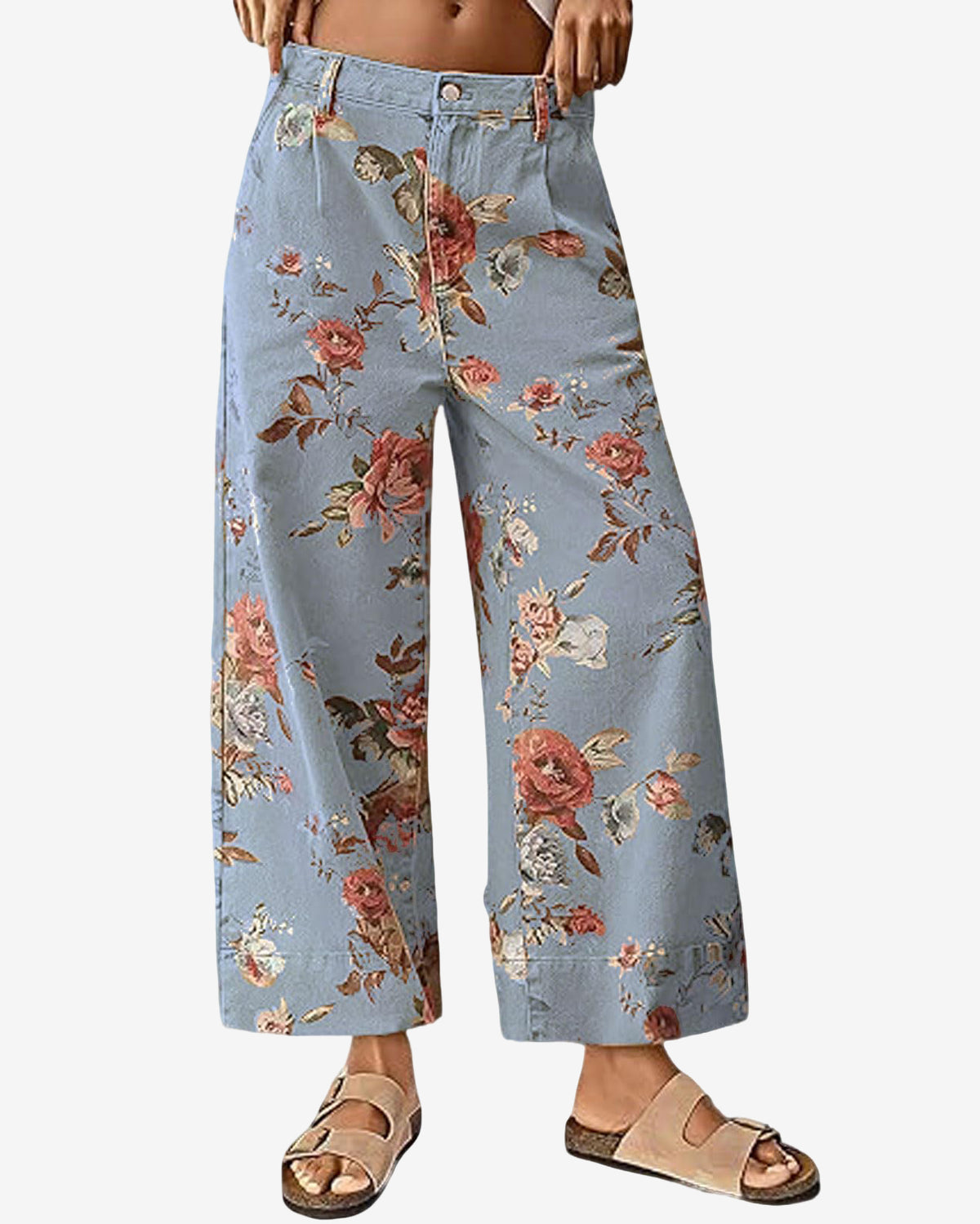 Chouyatou Women Mid Rise Cropped Wide Leg Jeans Baggy Floral Ankle Pants Denim Capris Flare Print Boho Palazzo Jeans Boyfriend