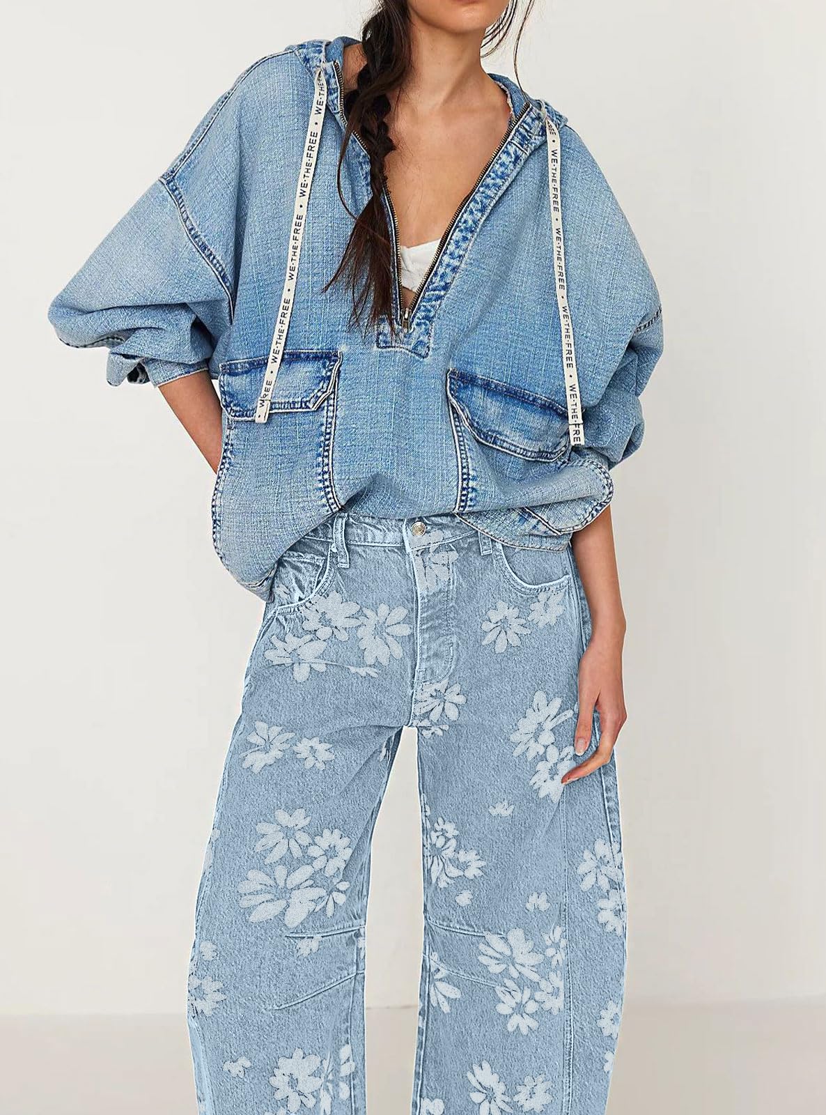 Chouyatou Women Y2k Distressed Barrel Jeans Baggy Wide Leg Jeans Floral Printed Boyfriend Patchwork Denim Pants