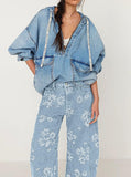 Chouyatou Women Y2k Distressed Barrel Jeans Baggy Wide Leg Jeans Floral Printed Boyfriend Patchwork Denim Pants