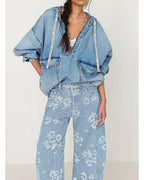 Chouyatou Women Y2k Distressed Barrel Jeans Baggy Wide Leg Jeans Floral Printed Boyfriend Patchwork Denim Pants