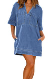 Chouyatou Womens Summer Casual Denim Dress Short Sleeve V Neck Distressed Jean Dresses Mini Shirt Dress