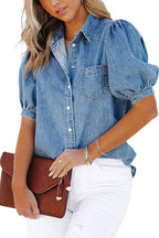 Chouyatou Women's Casual Washed Distressed Puff Sleeve Denim Button Down Shirt Jean Jacket Coat