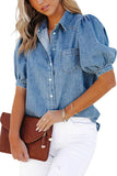 Chouyatou Women's Casual Washed Distressed Puff Sleeve Denim Button Down Shirt Jean Jacket Coat