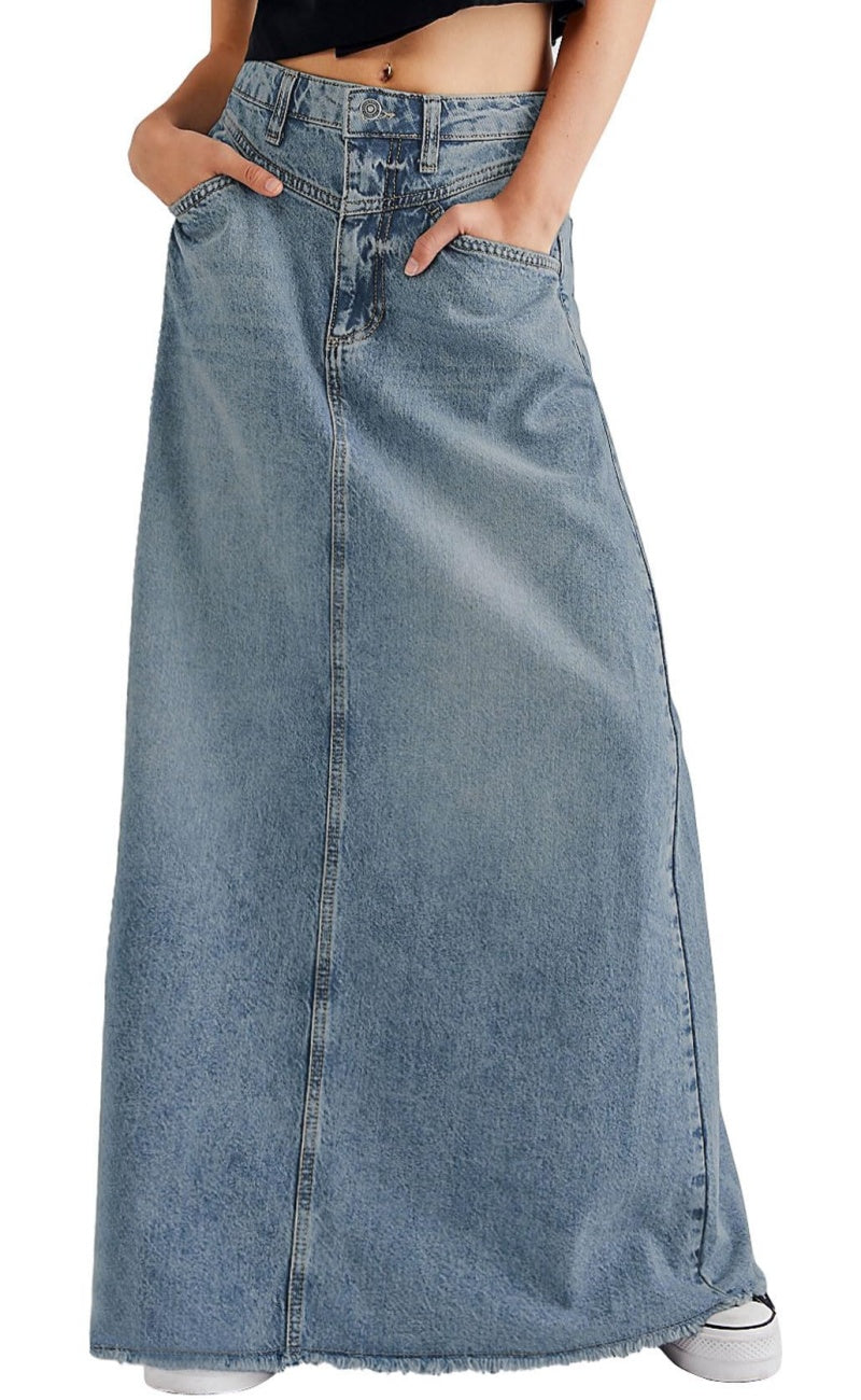 Chouyatou Women Vintage Denim Maxi Skirt Frayed Raw Hem High Waist A-Line Long Jean Skirt