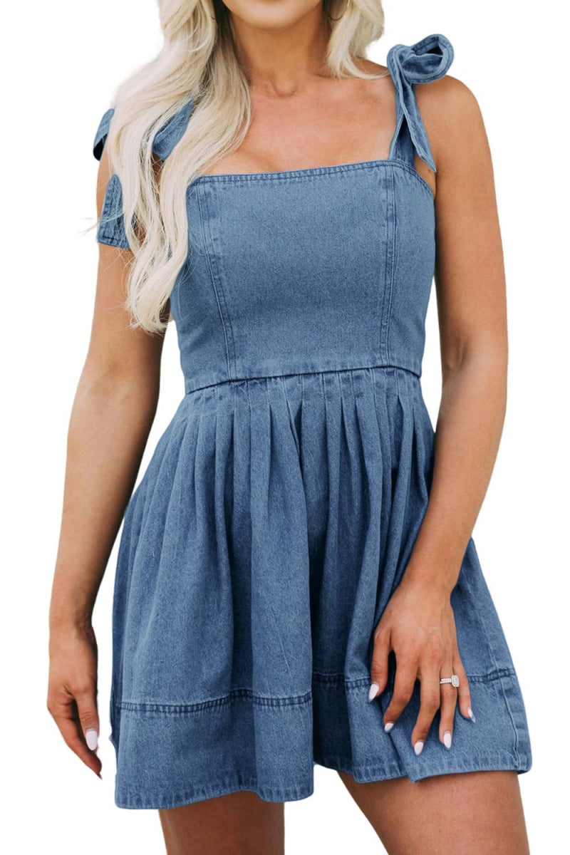 Chouyatou Women's Summer Tie Shoulder Sleeveless Denim Mini Dress Casual Flowy Swing Pleated Short Denim Dress