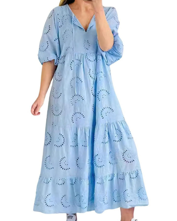 Chouyatou Women's Summer Loose Floral Lace Eyelet Dress Boho Casual Notch Neck Maxi Tunic Beach Dress
