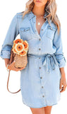 Chouyatou Women's Casual Button Down Jean Shirt Dress Long Sleeve Tie Waist Lightweight Denim Shirt Dress