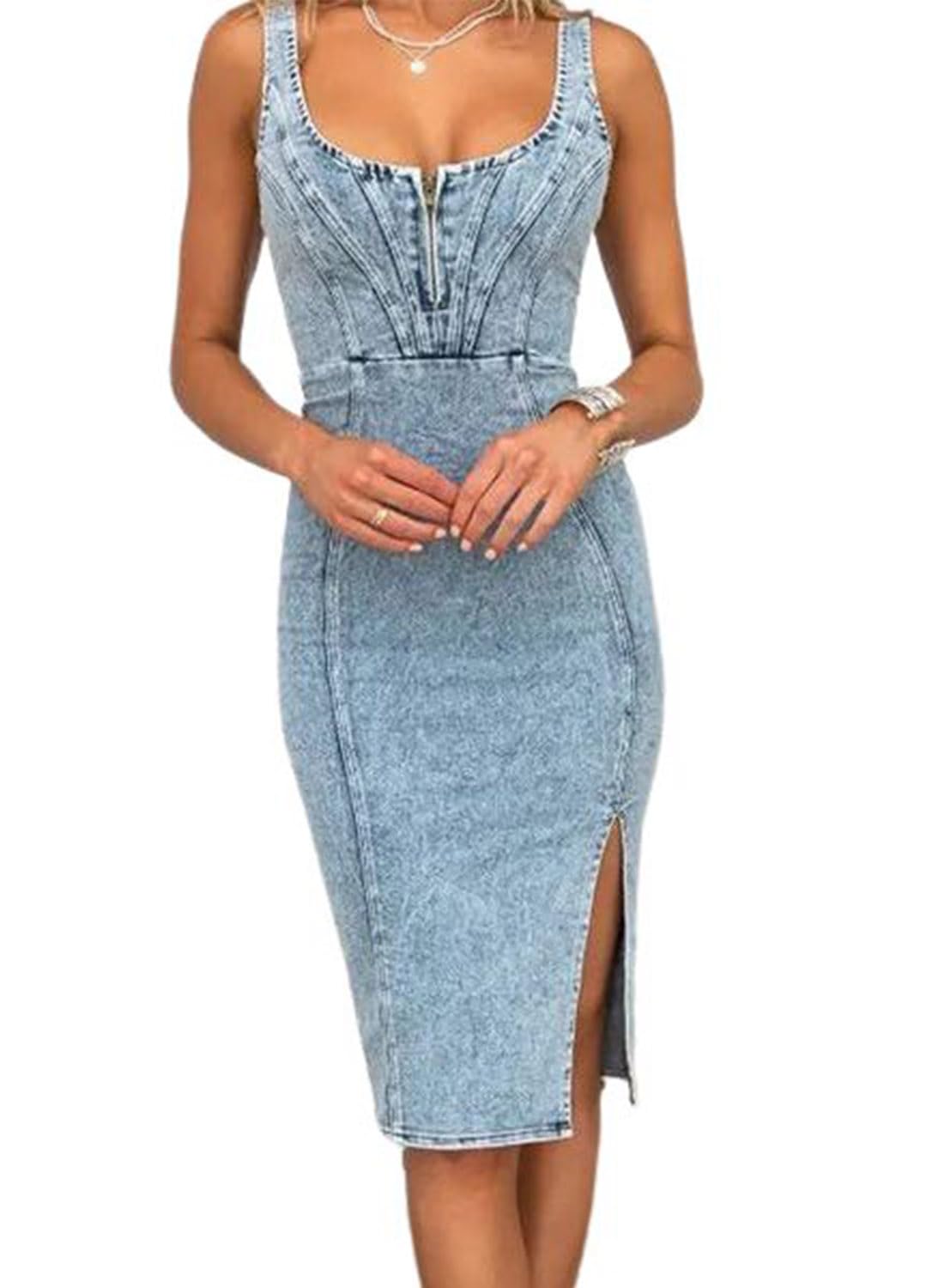 Chouyatou Denim Dress for Women Sleeveless Side Slit Bodycon Midi Jean Dresses