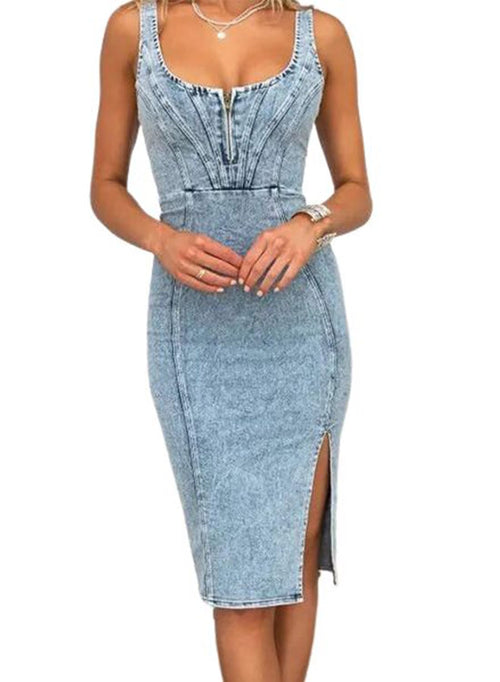 Chouyatou Denim Dress for Women Sleeveless Side Slit Bodycon Midi Jean Dresses