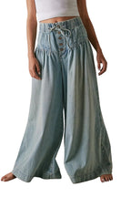 Chouyatou Women's Baggy Wide Leg Denim Pants Drawstring Midi Waisted Flare Jeans Ruffle Pleated Button Jeans