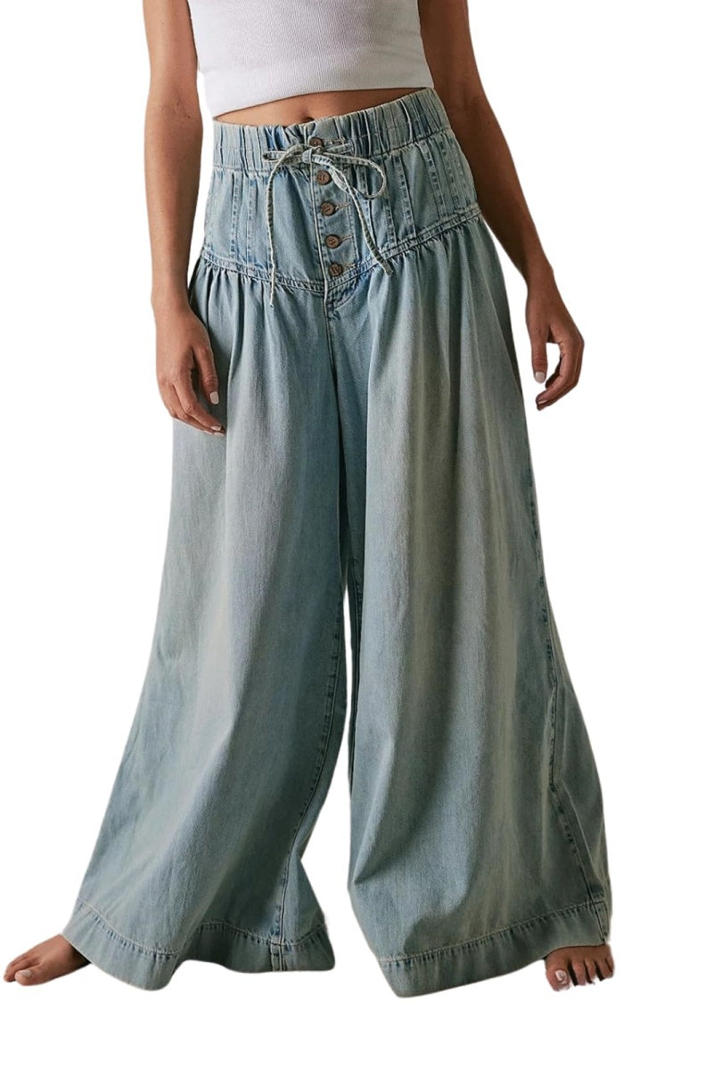 Chouyatou Women's Baggy Wide Leg Denim Pants Drawstring Midi Waisted Flare Jeans Ruffle Pleated Button Jeans