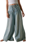 Chouyatou Women's Baggy Wide Leg Denim Pants Drawstring Midi Waisted Flare Jeans Ruffle Pleated Button Jeans