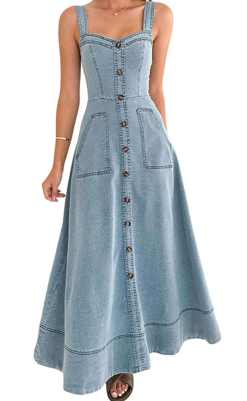 Chouyatou Women's Adjustable Strap Midi Long Denim Dress Button Down A-Line Swing Flowy Jean Dress