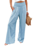 Chouyatou Women's Smocked High Waisted Cotton Linen Wide Leg Pants Palazzo with Pockets