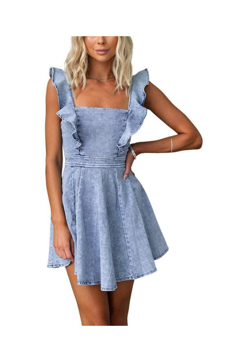 Chouyatou Denim Dress for Women Ruffle Adjustable Strap Sleeveless