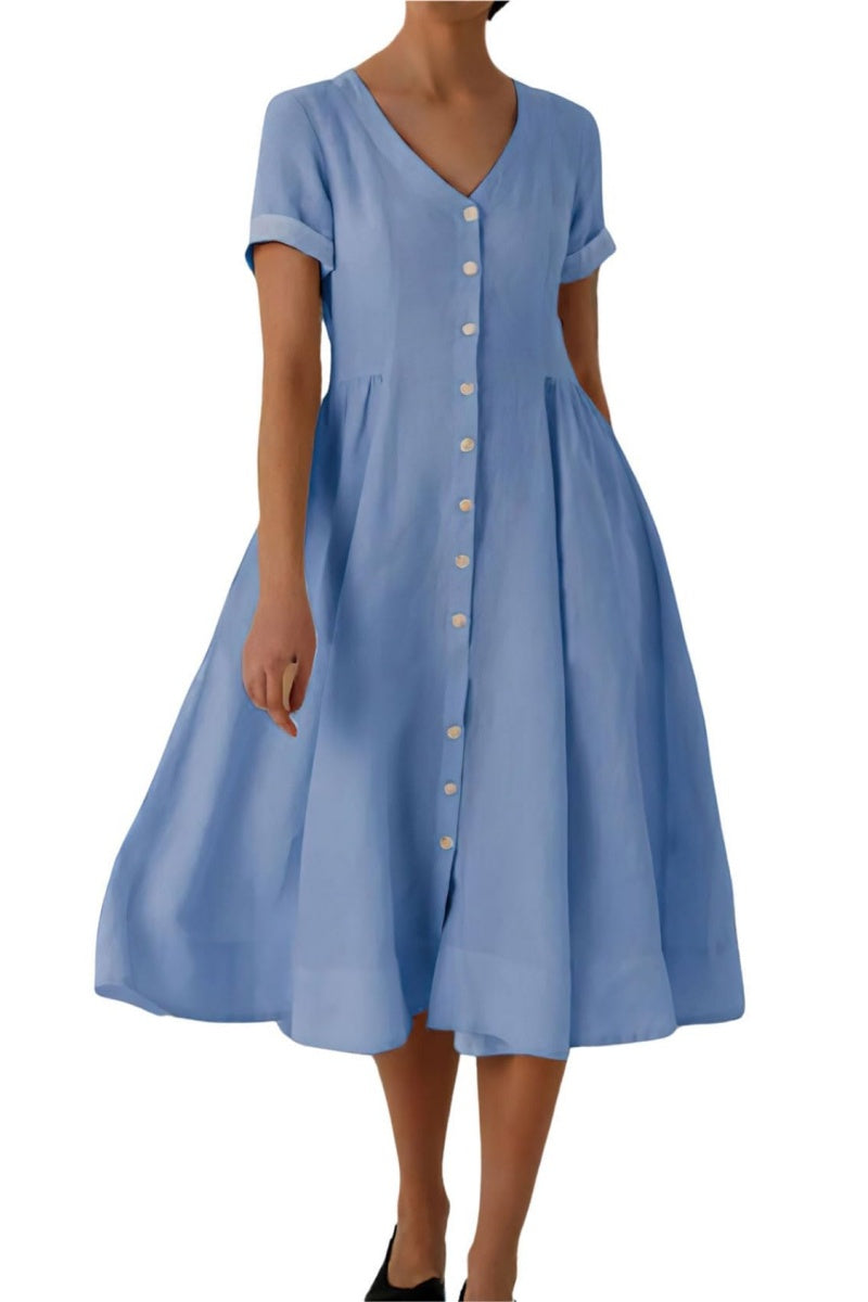 Chouyatou Women's Summer Fit and Flare Swing Cotton Dress Casual V-Neck Button Down Beach Midi Dress