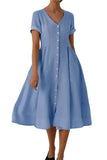 Chouyatou Women's Summer Fit and Flare Swing Cotton Dress Casual V-Neck Button Down Beach Midi Dress