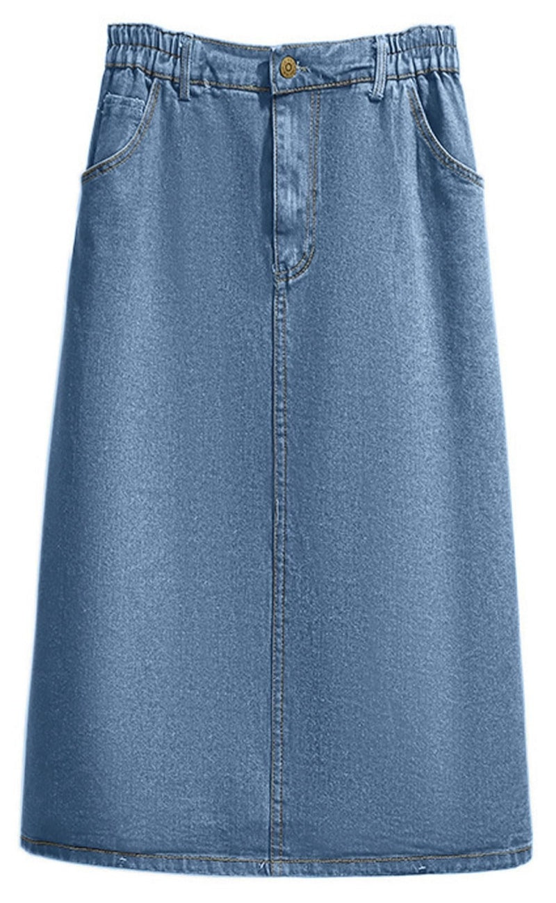 Chouyatou Women's Summer Casual Elastic Waist Pockets Work Midi Denim A Line Skirt