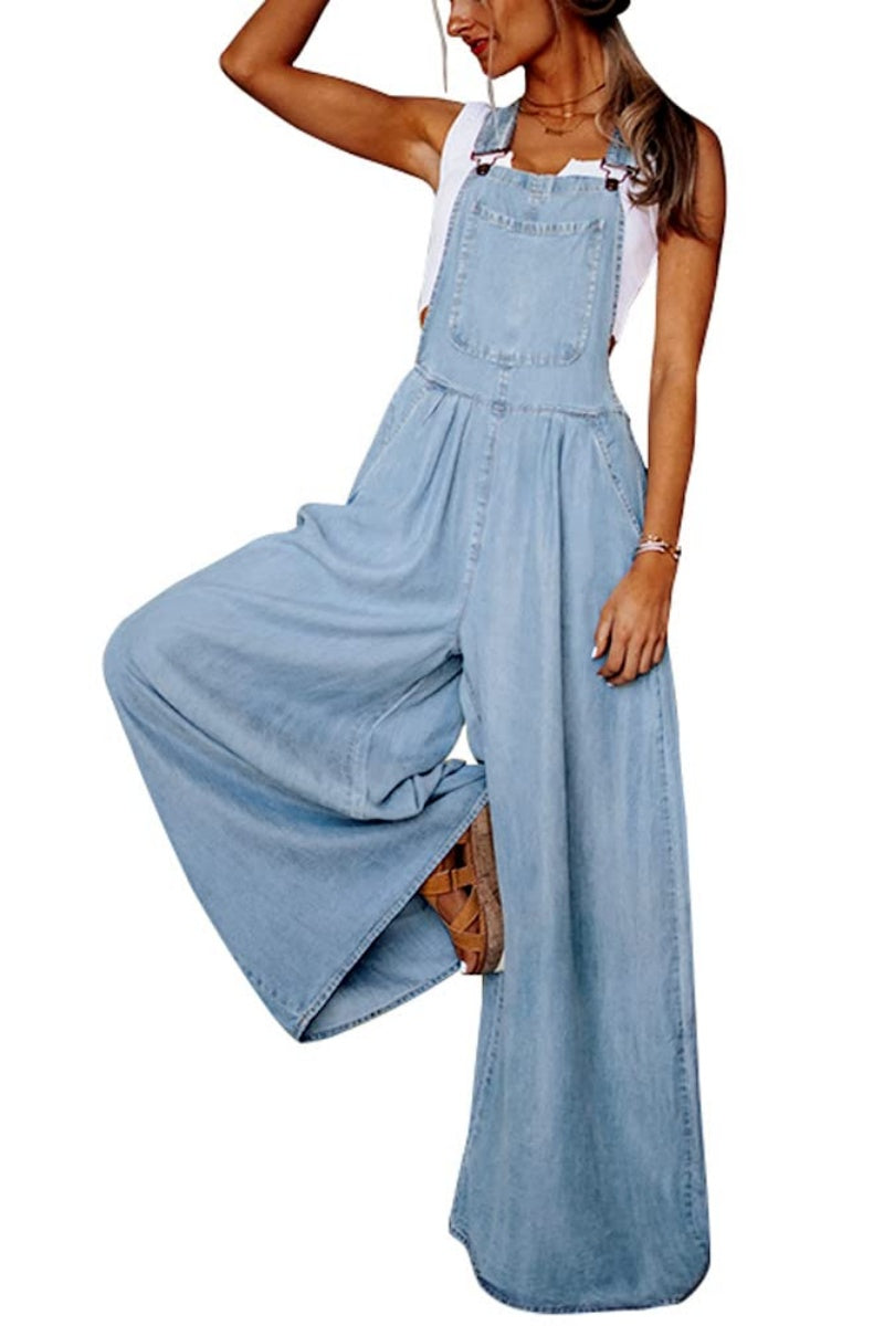 Chouyatou Women's Loose Adjustable Strap Wide Leg Denim Bib Overall Jeans Pants