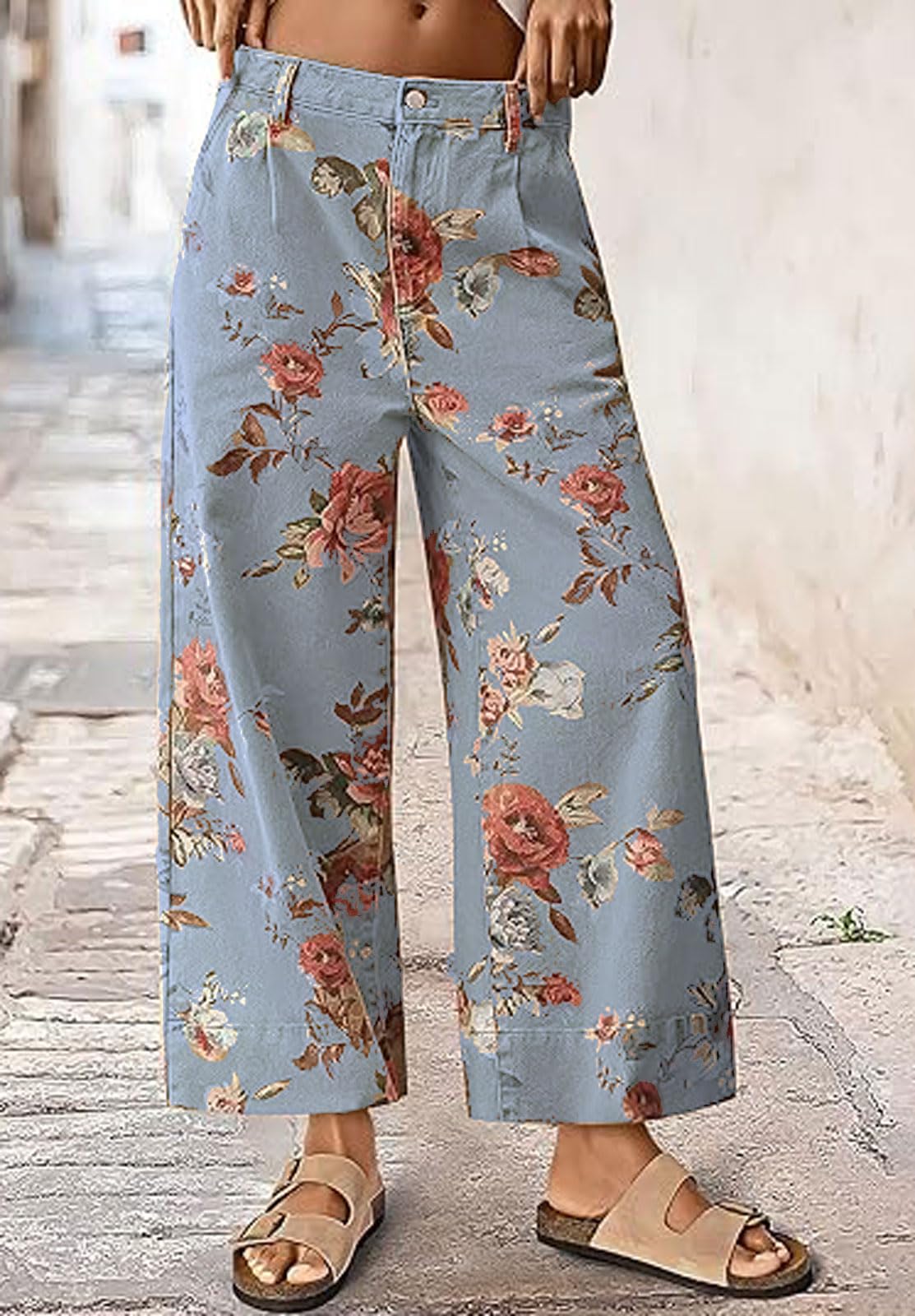 Chouyatou Women Mid Rise Cropped Wide Leg Jeans Baggy Floral Ankle Pants Denim Capris Flare Print Boho Palazzo Jeans Boyfriend
