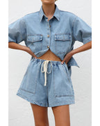 Chouyatou Women's Summer Denim 2 Piece Outfits Short Sleeve Button Down Shirt Elastic Waist Wide Leg Shorts Matching Set
