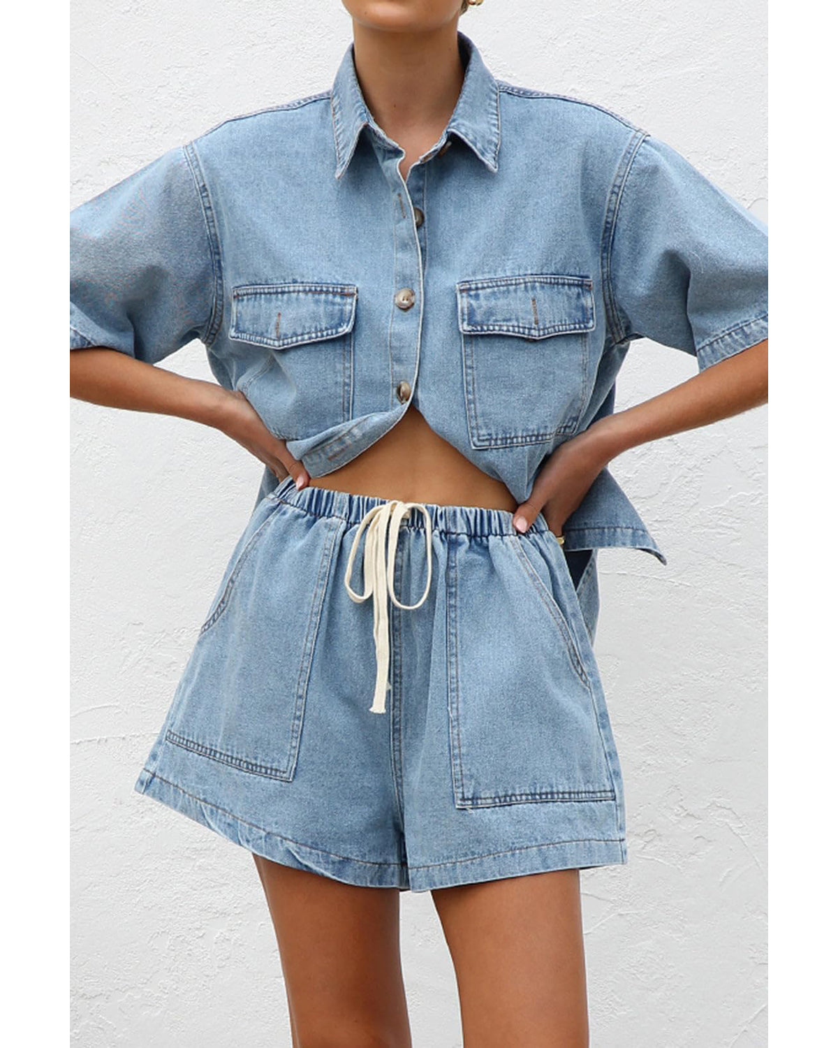Chouyatou Women's Summer Denim 2 Piece Outfits Short Sleeve Button Down Shirt Elastic Waist Wide Leg Shorts Matching Set