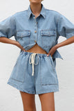 chouyatou Women's Summer Denim 2 Piece Outfits Short Sleeve Button Down Shirt Elastic Waist Wide Leg Shorts Matching Set
