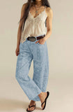 chouyatou Women Boyfriend Baggy Barrel Jeans Floral Print Denim Ankle Pants Wide Leg Mid Rise Jeans Sweatpants Y2k Patchwork