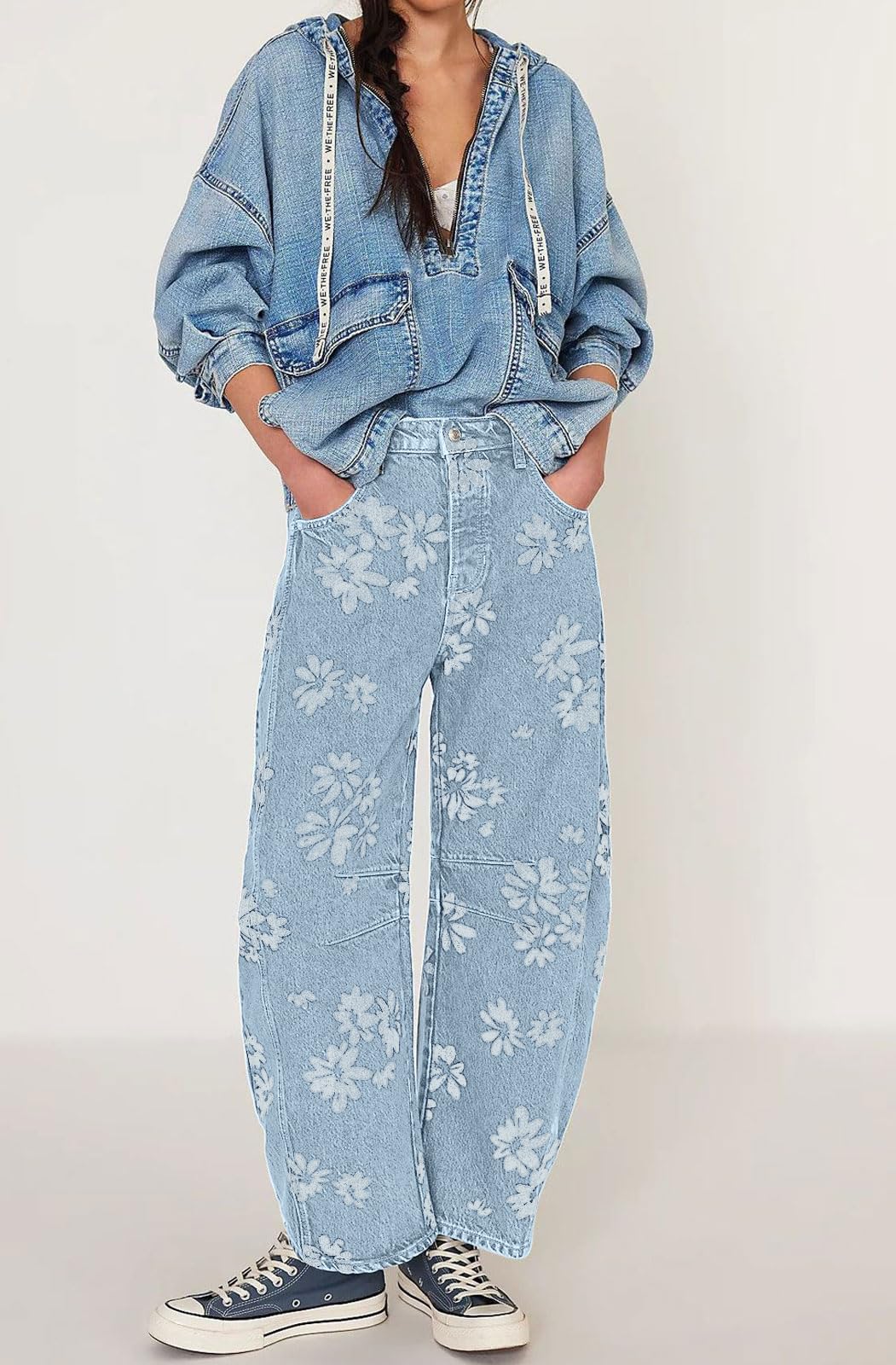 Chouyatou Women Y2k Distressed Barrel Jeans Baggy Wide Leg Jeans Floral Printed Boyfriend Patchwork Denim Pants