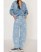 Chouyatou Women Y2k Distressed Barrel Jeans Baggy Wide Leg Jeans Floral Printed Boyfriend Patchwork Denim Pants