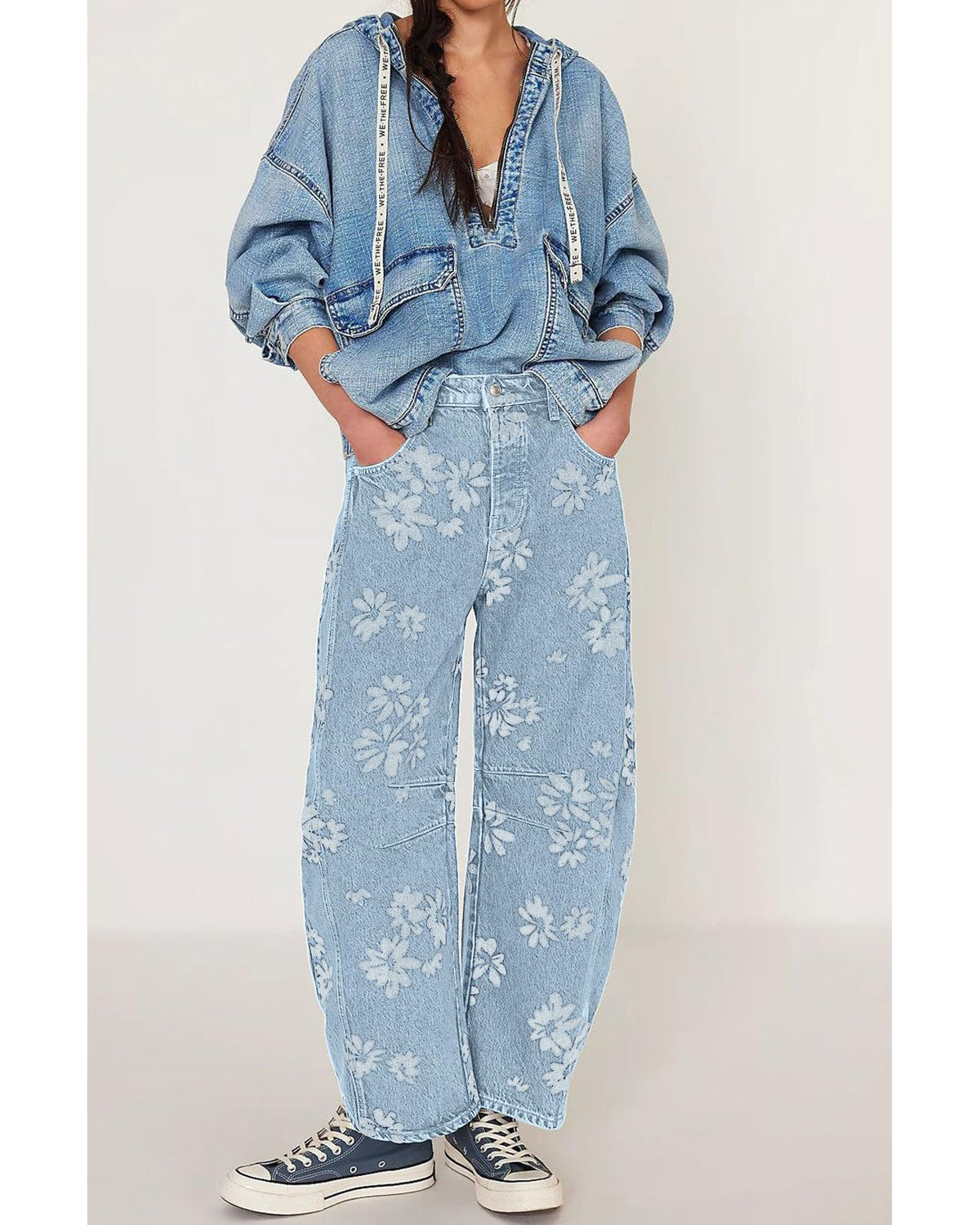 Chouyatou Women Y2k Distressed Barrel Jeans Baggy Wide Leg Jeans Floral Printed Boyfriend Patchwork Denim Pants