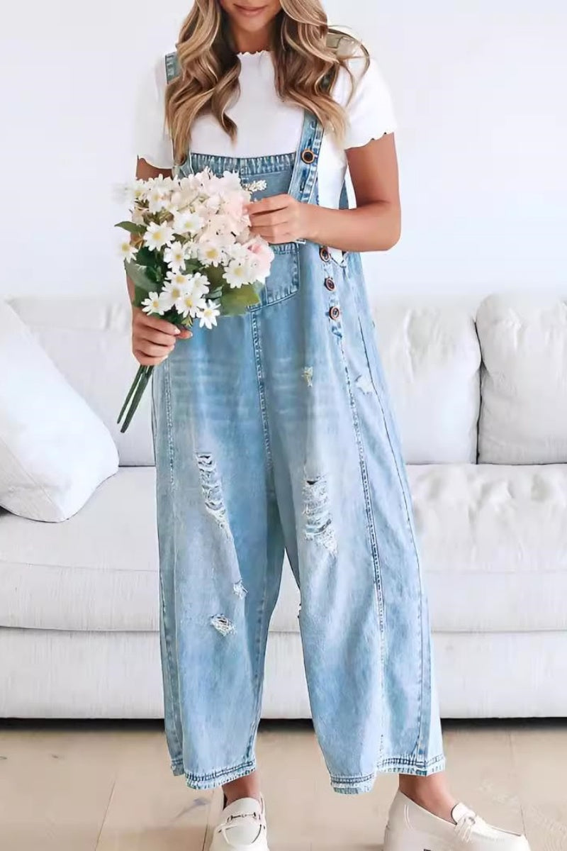 Chouyatou Women's Casual Adjustable Straps Denim Bib Overalls Distressed Ripped Wide Leg Jeans Long Pants Jumpsuits