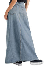 Chouyatou Women Vintage Denim Maxi Skirt Frayed Raw Hem High Waist A-Line Long Jean Skirt