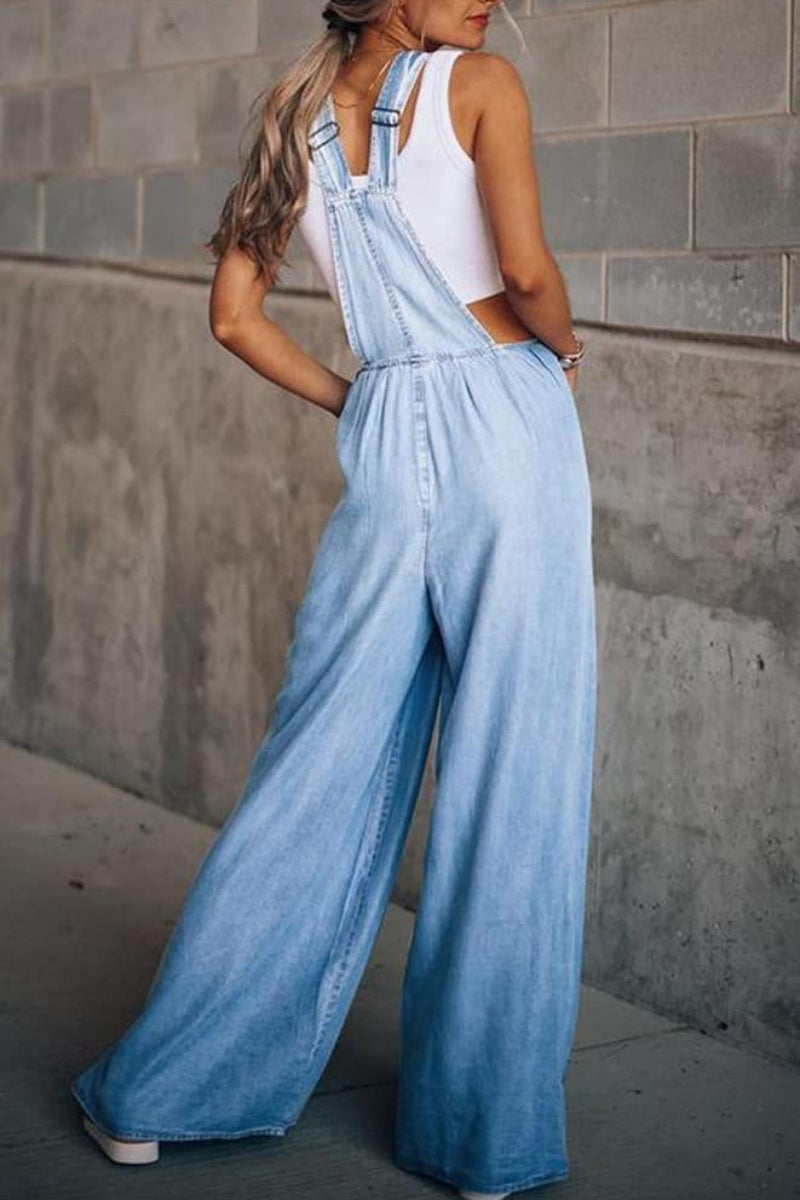 Chouyatou Women's Loose Adjustable Strap Wide Leg Denim Bib Overall Jeans Pants