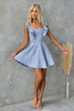 Chouyatou Denim Dress for Women Ruffle Adjustable Strap Sleeveless Backless Babydoll Mini Jean Dresses