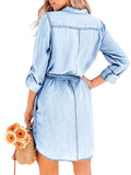 Chouyatou Women's Casual Button Down Jean Shirt Dress Long Sleeve Tie Waist Lightweight Denim Shirt Dress