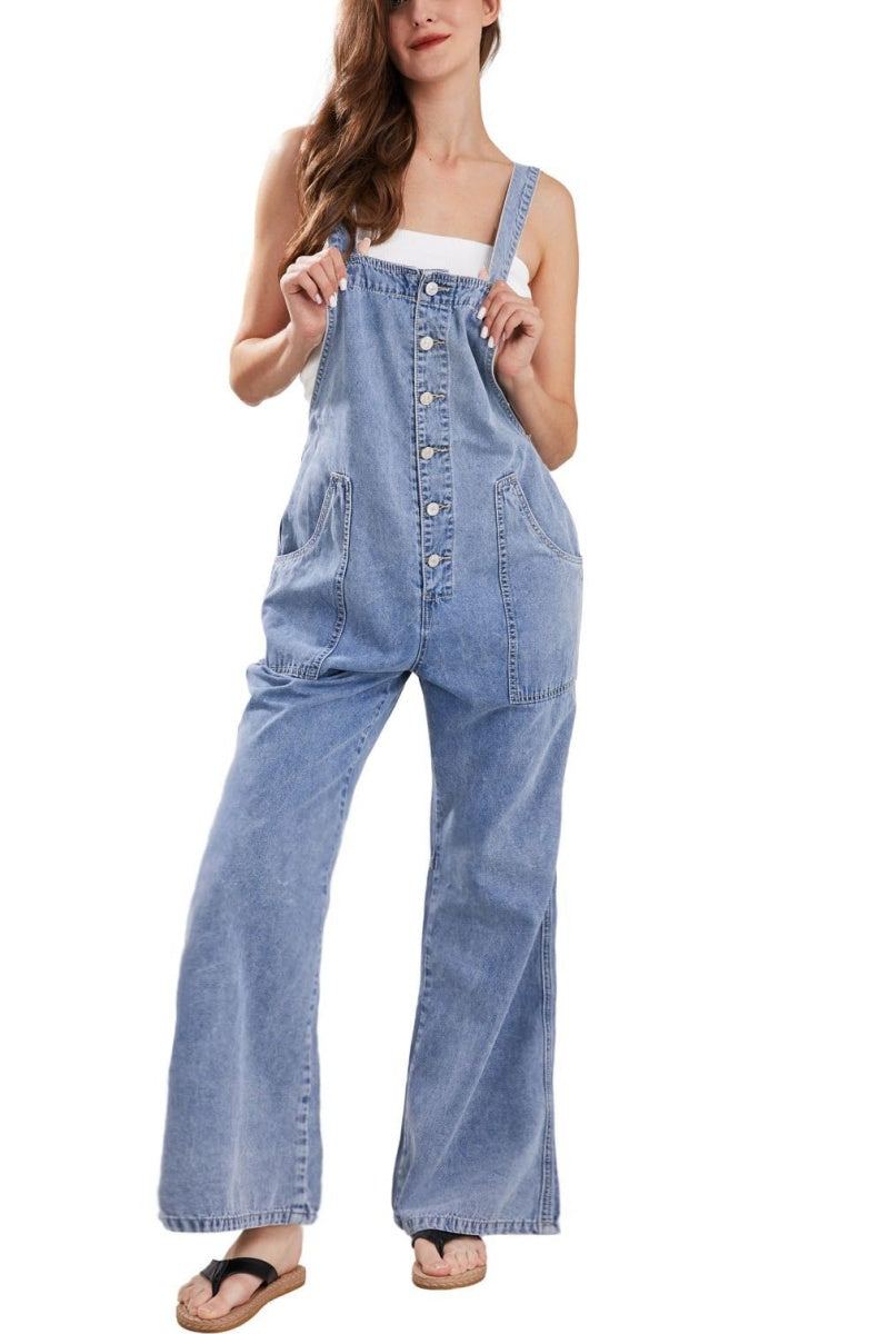 Chouyatou Casual Denim Jumpsuit for Women Overalls Wide Leg Jumpsuit Jeans Denim Bib Overalls Dungaree Pockets