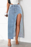 Chouyatou Women's Sexy High Split Slim Fit Maxi Long Pencil Denim Jean Skirt