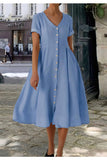 Chouyatou Women's Summer Fit and Flare Swing Cotton Dress Casual V-Neck Button Down Beach Midi Dress