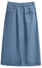 Chouyatou Women's Summer Casual Elastic Waist Pockets Work Midi Denim A Line Skirt