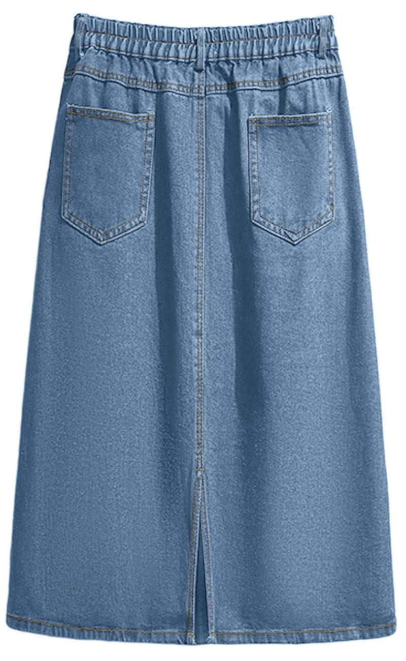 Chouyatou Women's Summer Casual Elastic Waist Pockets Work Midi Denim A Line Skirt