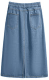 Chouyatou Women's Summer Casual Elastic Waist Pockets Work Midi Denim A Line Skirt