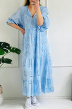 Chouyatou Women's Summer Loose Floral Lace Eyelet Dress Boho Casual Notch Neck Maxi Tunic Beach Dress