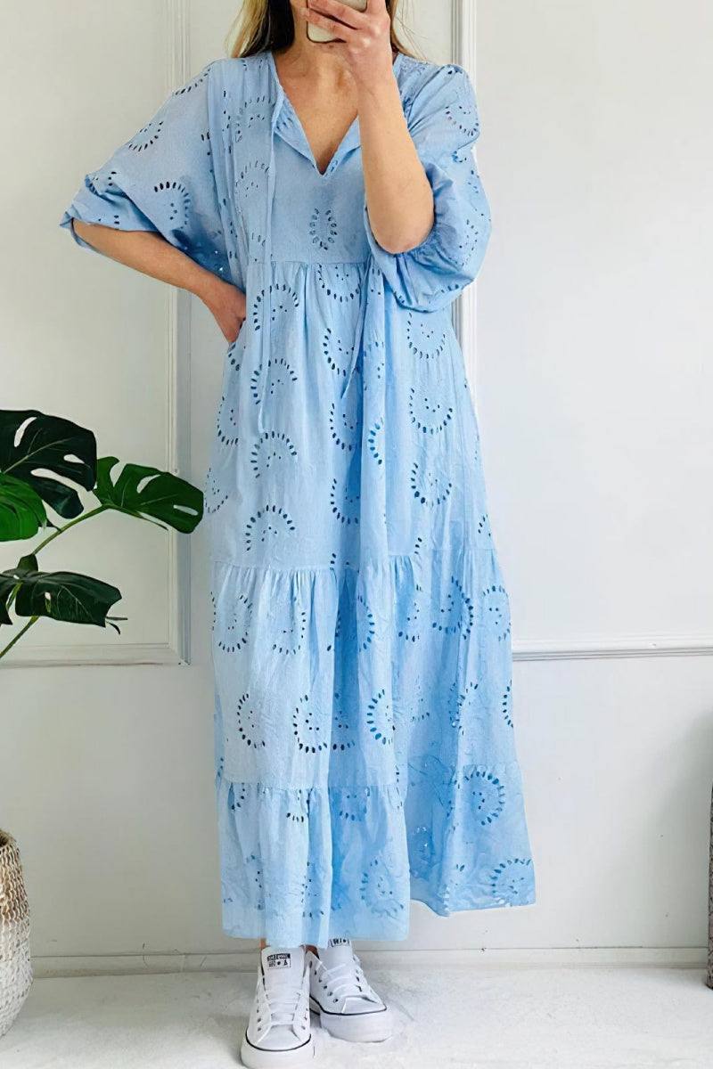 Chouyatou Women's Summer Loose Floral Lace Eyelet Dress Boho Casual Notch Neck Maxi Tunic Beach Dress