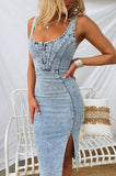 Chouyatou Denim Dress for Women Sleeveless Side Slit Bodycon Midi Jean Dresses