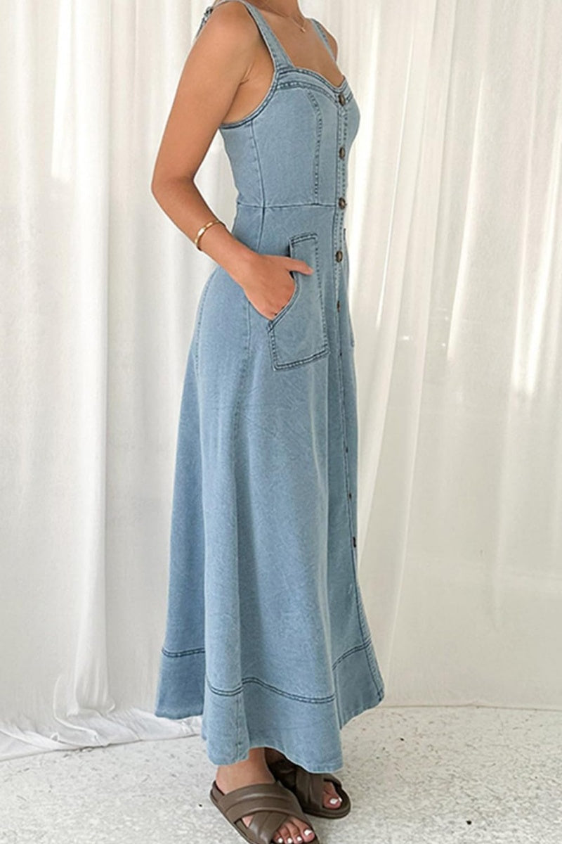 Chouyatou Women's Adjustable Strap Midi Long Denim Dress 2025 Button D – CHOUYATOU